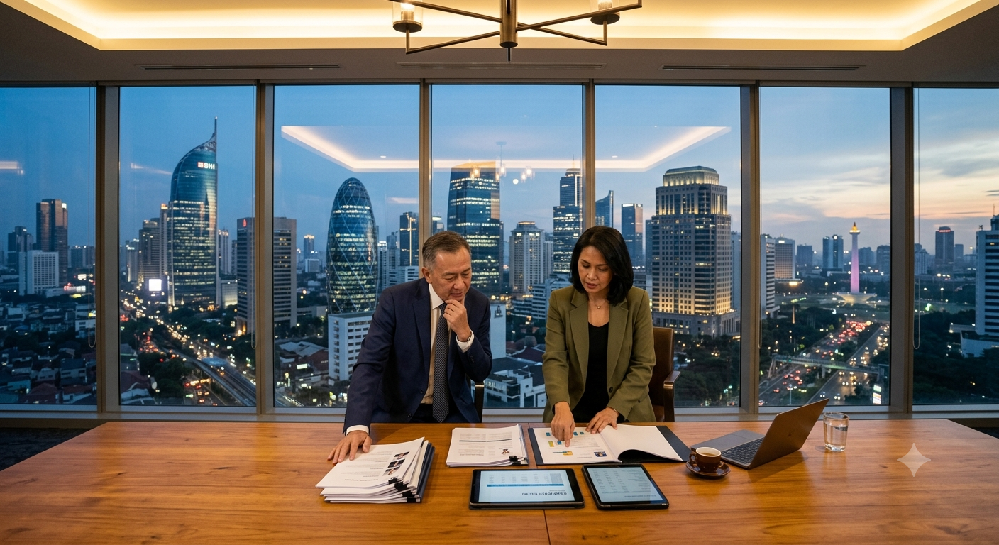 "Business leaders evaluating executive candidates during a strategic hiring meeting in Indonesia."
